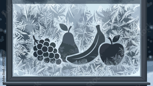 Frozen Fruit Silhouette on Frosted Window Ice Pattern - Winter Produce Concept