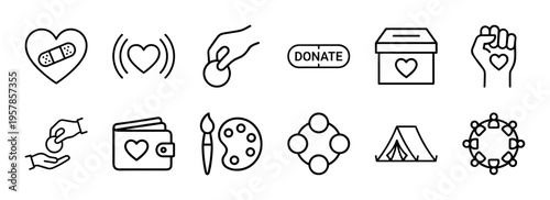 Philanthropy and Charity Outreach Geometric Line Art. Minimalist monoline symbols for humanitarian aid and community donation platforms.