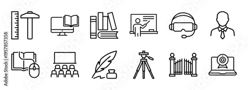 Online Education and Academic Research Minimalist Monoline Icon Set, Geometric Line Art for Distance Learning and Digital Classrooms