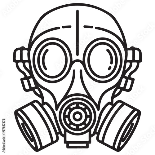 Minimalist black and white line art illustration of a tactical gas mask respirator with dual filters, isolated on a white background for industrial safety, survivalist, and post-apocalyptic themes.