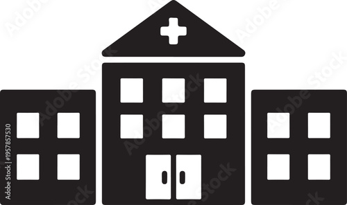 Black silhouette of a modern hospital building with windows and entrance, representing healthcare and medical services