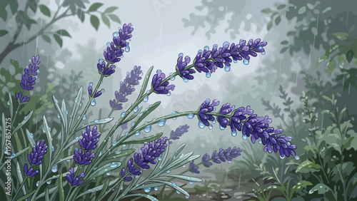 Lavender field rain drops, fresh garden, aromatherapy, natural beauty, serene nature, botanical illustration