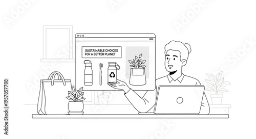 Person presenting sustainable products on a laptop screen, eco-friendly shopping concept