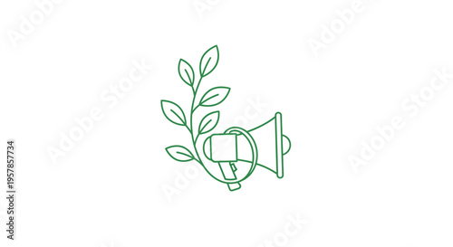 Green megaphone with plant, eco-friendly communication concept, clean design