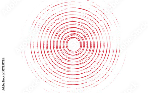 Red halftone concentric circle background. Rippled sonic wave wallpaper. Dotted radial gradient texture. Vector rasterized rough backdrop for epicenter, target, radar signal, vibration, shake concept