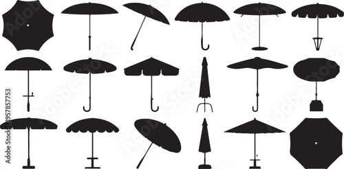 Collection of black umbrella silhouettes in various open and closed positions and styles, isolated on transparent grid