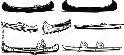 Black canoe and kayak silhouettes, diverse watercraft icons, paddling boat vector set, outdoor adventure illustration, river sport design, rowing art graphics
