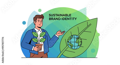 Man holding plant with globe on leaf, sustainable brand identity concept