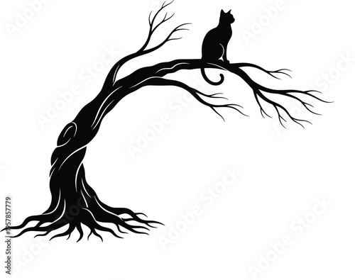 Curved leafless tree silhouette, exposed roots design, perched cat vector, dramatic twisted branches, decorative nature graphic, solitude art illustration, black outline