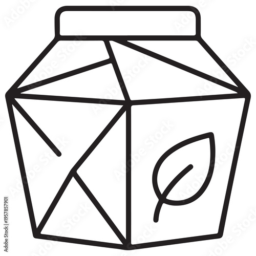 Minimalist line art icon of an eco-friendly milk or juice carton featuring a leaf symbol, representing sustainable organic packaging and healthy beverage choices in a clean modern vector style.