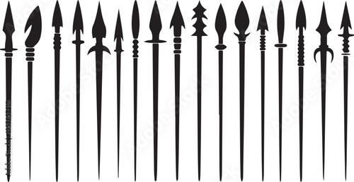 Collection of various spear heads and arrowheads, ancient weapon silhouettes for historical vector use
