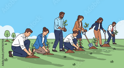 Diverse group of people planting trees outdoors, environmental care concept