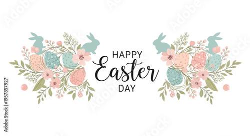 Easter Sunday celebration illustration featuring pastel eggs, bunnies, and flowers on a white background with a Happy Easter Day message in a decorative frame