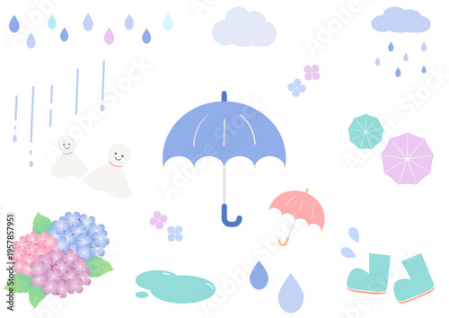 梅雨モチーフのアイコンセットイラスト｜傘 紫陽花 てるてる坊主 雨 水たまり 天気素材