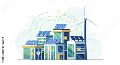 Eco-friendly city with solar panels and wind turbine, renewable energy concept