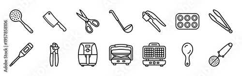 Culinary Equipment Essentials and Kitchen Tooling Minimalist Monoline Geometric Line Art for Gastronomy and Professional Chef Supplies