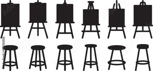 Set of black artist easels and stools silhouettes on transparent background vector art