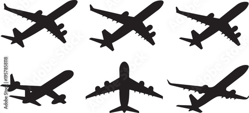 Collection of black airplane silhouettes isolated on transparent background vector illustration