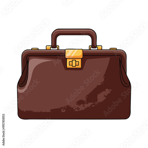 A brown leather doctor's bag with a golden latch and handle on white