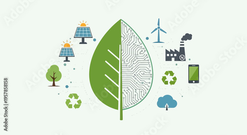 Eco-friendly technology concept: leaf merging nature and digital circuits