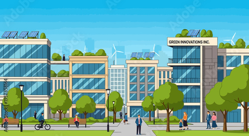 Eco-friendly cityscape with solar panels, wind turbines, and green roofs.