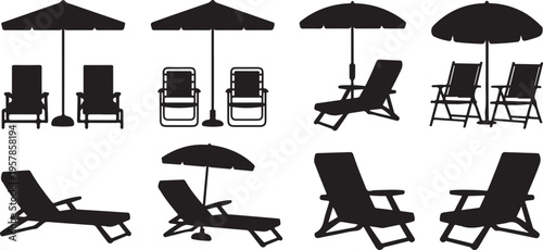 Group of beach chairs and umbrellas in silhouette for outdoor relaxation
