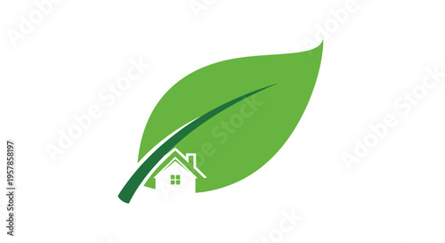 Eco-friendly house logo with green leaf and white building silhouette