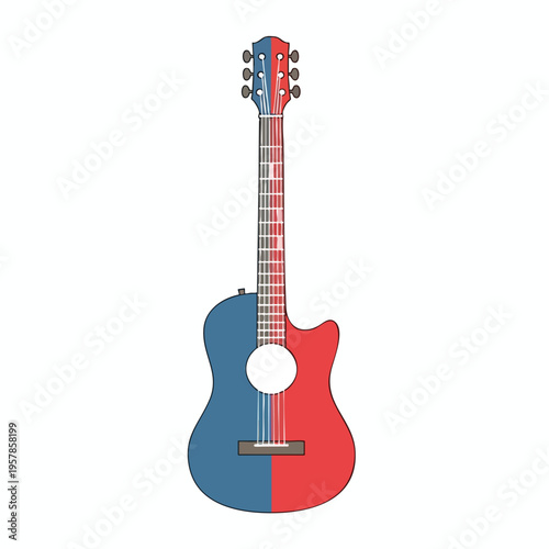 A blue and red acoustic guitar with a simple cartoon style