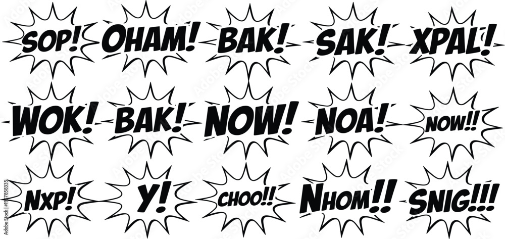 Obraz premium Comic book style sound effect words in black starbursts on white background text speech bubble