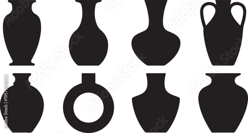Collection of black silhouette icons for various vases and amphora isolated on transparent background vector set