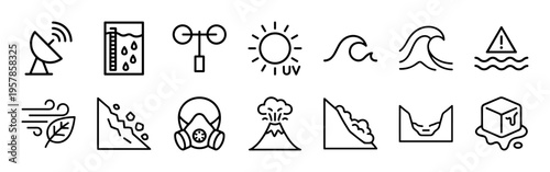 Minimalist Weather Forecast Monoline Line Art Featuring Comprehensive Meteorological Symbols for Mobile App UI and Digital Interfaces