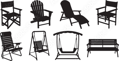 Collection of black silhouette icons for outdoor chairs lounge chairs swing and bench isolated on transparent background vector