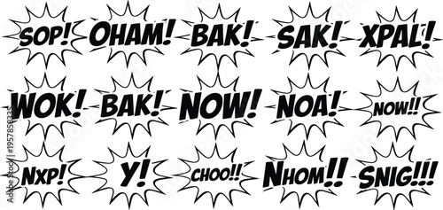 Comic book style sound effect words in black starbursts on white background text speech bubble