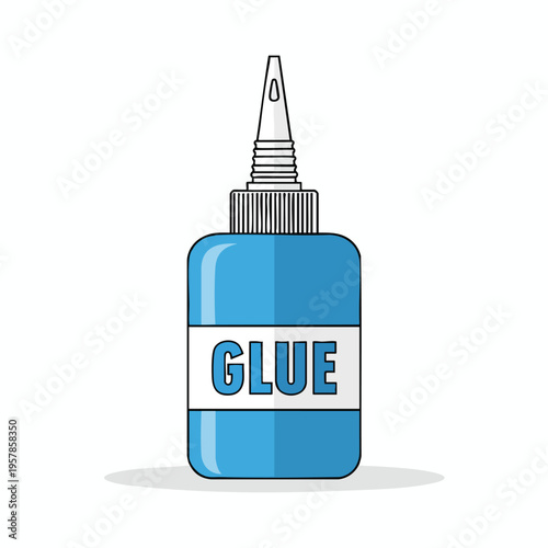 A blue bottle of glue with a white label and a white applicator tip
