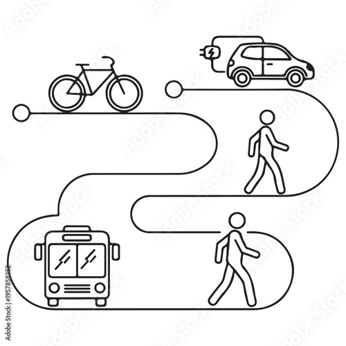 Sustainable urban mobility icons and multi-modal transportation path illustrating a connected journey through various eco-friendly transit options in a minimalist black line art style.