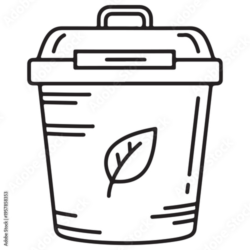 Minimalist organic waste compost bin icon representing sustainable waste management and eco-friendly recycling practices, hand-drawn black line art doodle isolated on white background.