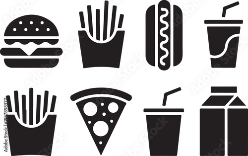Collection of black silhouette icons for fast food items burger fries hot dog drink pizza milk box isolated vector