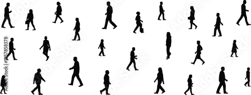 Diverse group of people walking in silhouette on a white background diversity