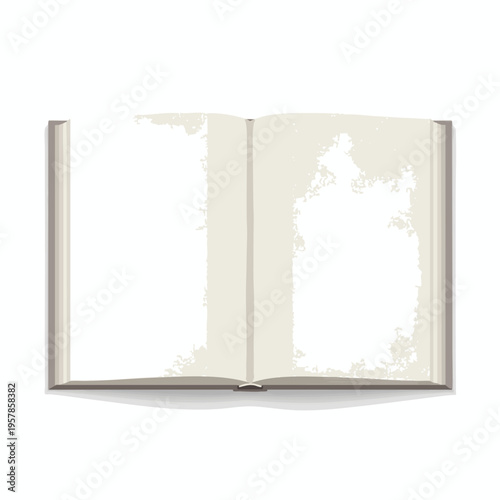 An open, blank book with slightly textured, cream-colored pages and a grey spine