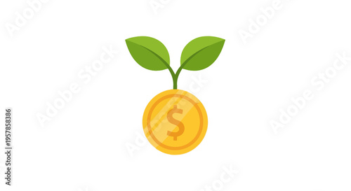 Money Plant Growth: Gold Coin with Green Leaves Sprouting, Financial Investment Concept