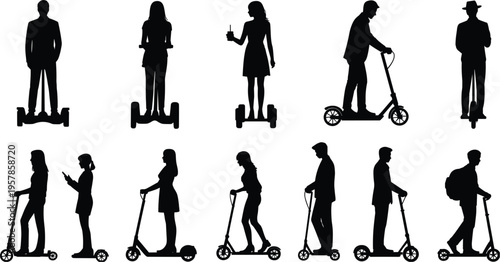Silhouettes of people riding electric scooters and hoverboards on white background transportation