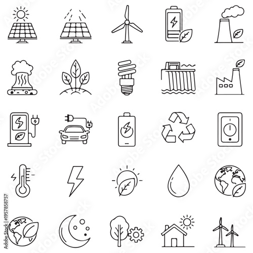 Collection of 25 Hand-Drawn Green Energy and Ecology Line Icons Featuring Solar Panels, Wind Turbines, Electric Cars, and Recycling Symbols for Sustainable Technology Projects.