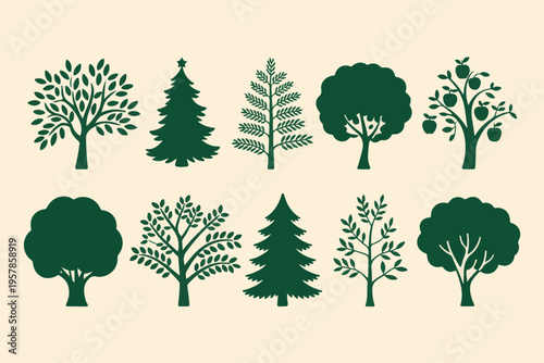Assorted trees icons with evergreen deciduous apple and pine trees in green silhouette