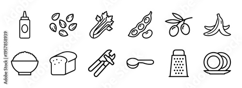 Food Allergen and Dietary Restriction Labeling Symbols in Minimalist Monoline Geometric Line Art for Commercial Packaging and Menus.