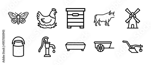 Livestock and Farm Animal Monoline Icon Set featuring Minimalist Geometric Line Art for Agricultural Branding and Modern Rural Signage.