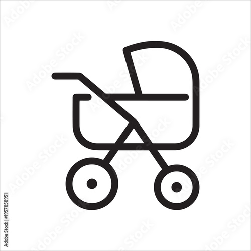 Thin Outline Icon Baby Carriage or Baby Buggy. Such Line Sign as Perambulator, Baby Transport. Vector Isolated Pictogram for Web and App on White Background Editable Stroke.