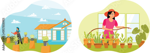 Two women engaging in gardening activities around their homes