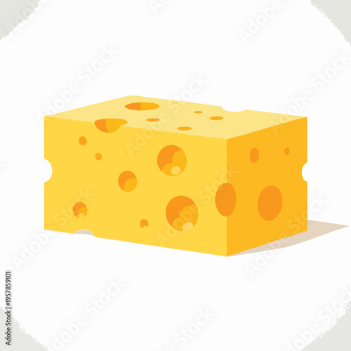 A rectangular block of yellow cheese with many circular holes, casting a shadow