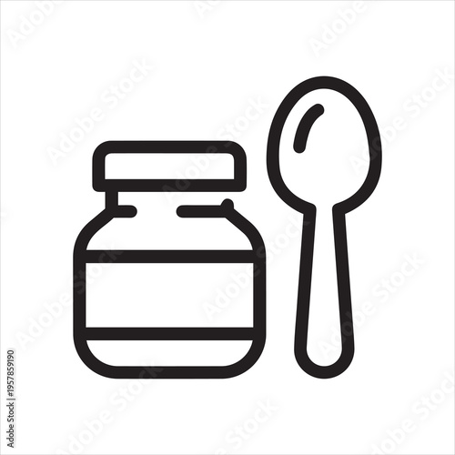Thin Outline Icon Baby Food Jar With Spoon. Such Line Sign as Baby Puree, First Meal, Child Nutrition. Vector Isolated Custom Pictogram for Web and App on White Background Editable Stroke.
