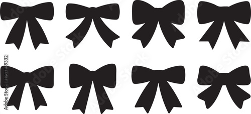 Eight black silhouette bow tie icons arranged in two rows on transparent background for festive decoration